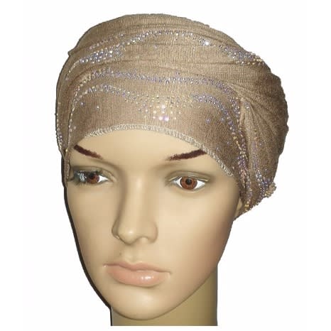 Silky Regal Turban with Ocean Wave Studded Front - Desert Brown