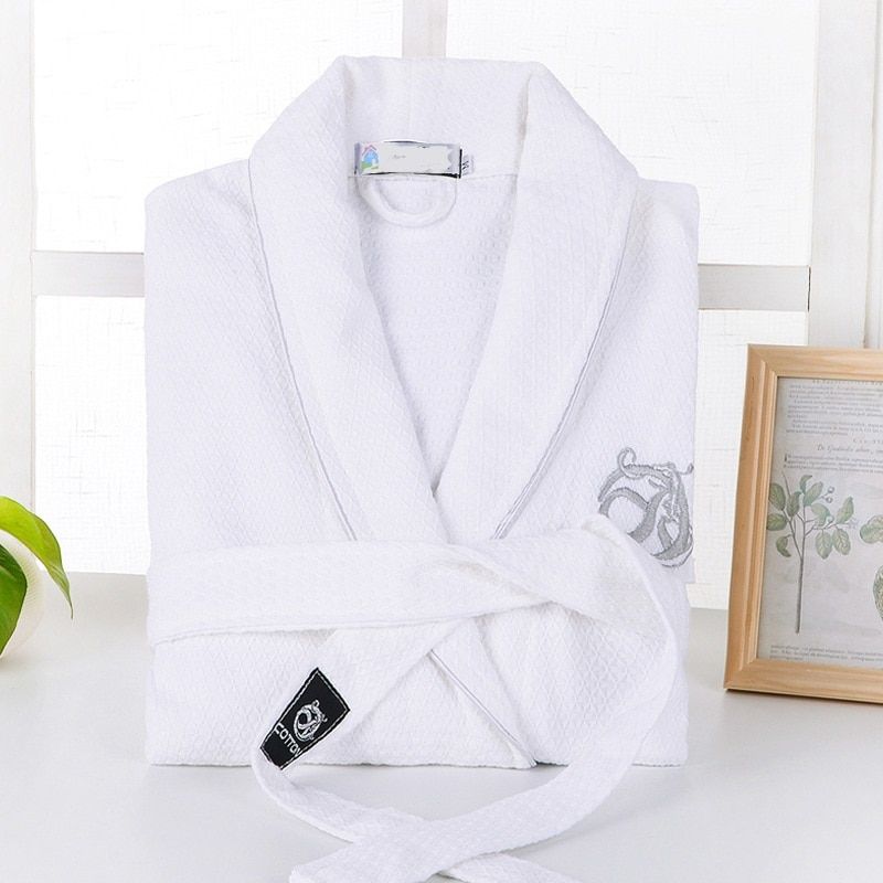100% Cotton Men Women's Bathrobe Embroidery Waffle Soft Robe Hotels Absorbent Night Dressing Gown Pijamas Bridesmaid Unisex Robe（#White）