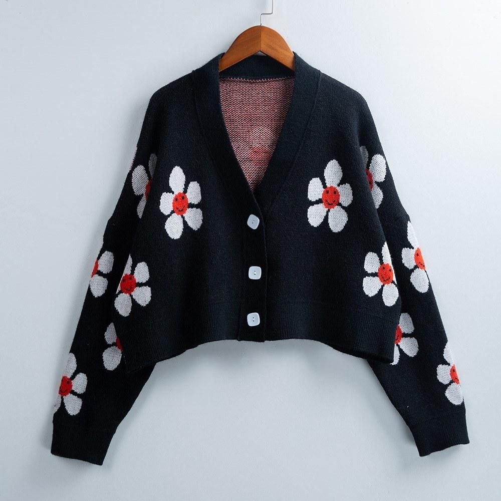 Short Cardigan for Women Flower Knit Sweater V Neck Button Long Sleeve Loose Coat Casual