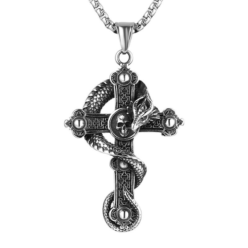 Men's Cross Titanium Steel Snake Wrapped Necklace - Silver