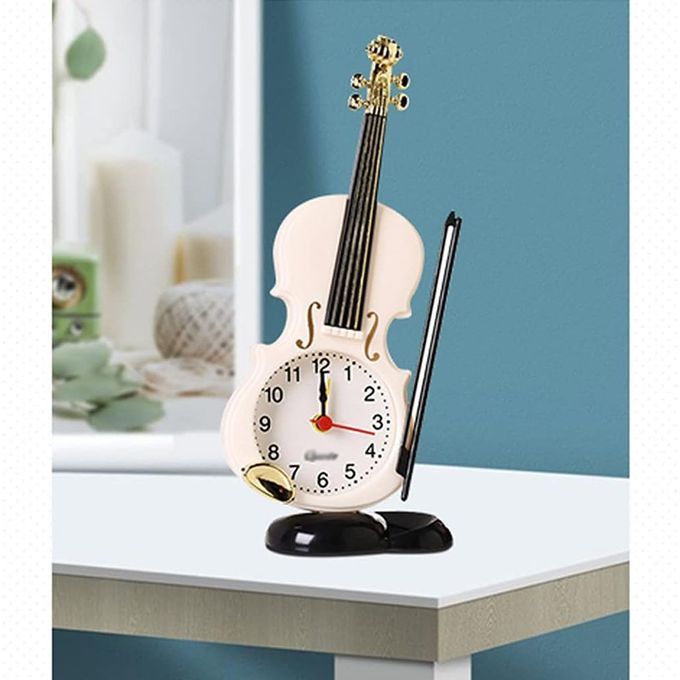 Mini Bedside Desk Shelf Violin Alarm Clock -White