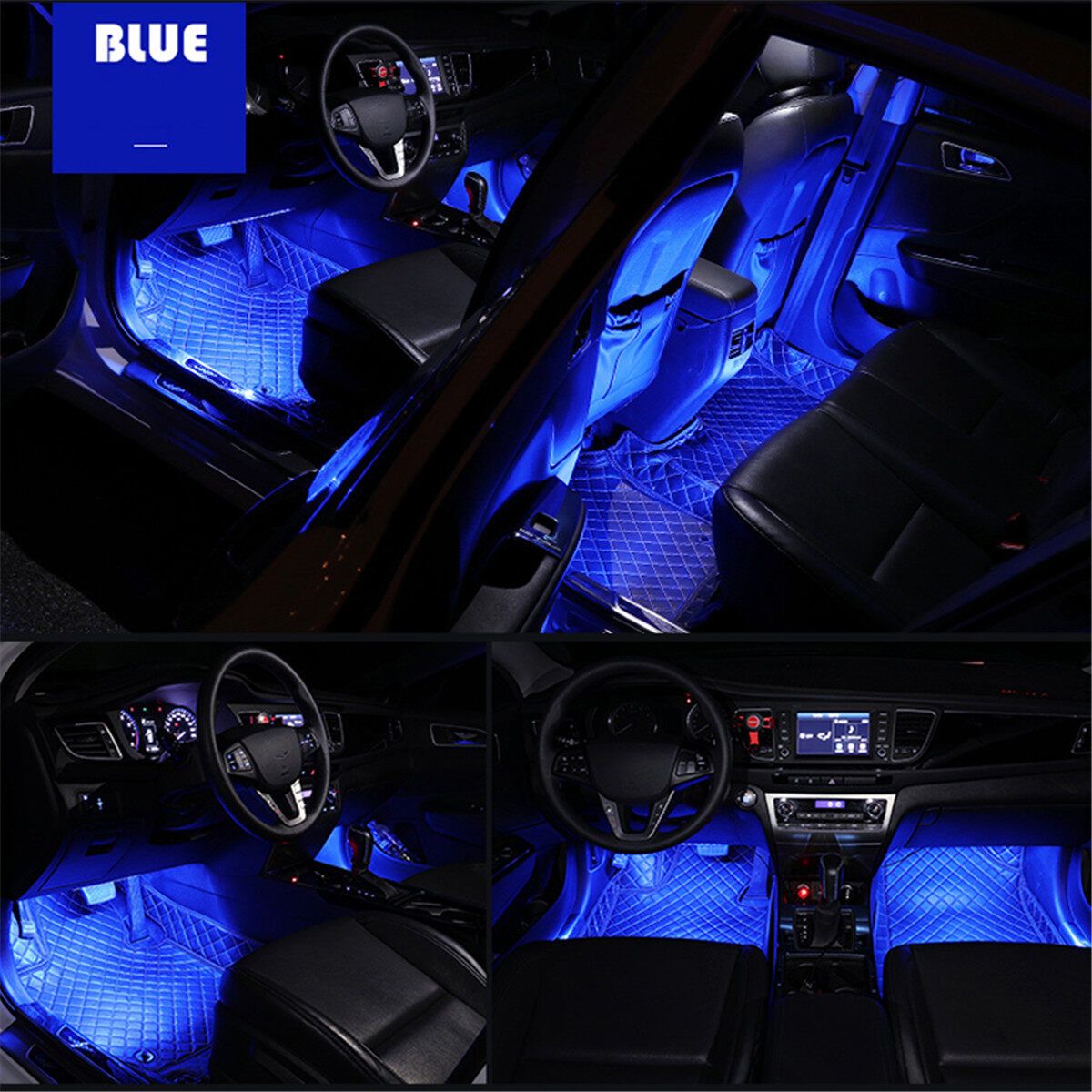 12V 9LED Car Interior RGB LED Strip Lights Atmosphere Decorative Neon Music Lamp Blue