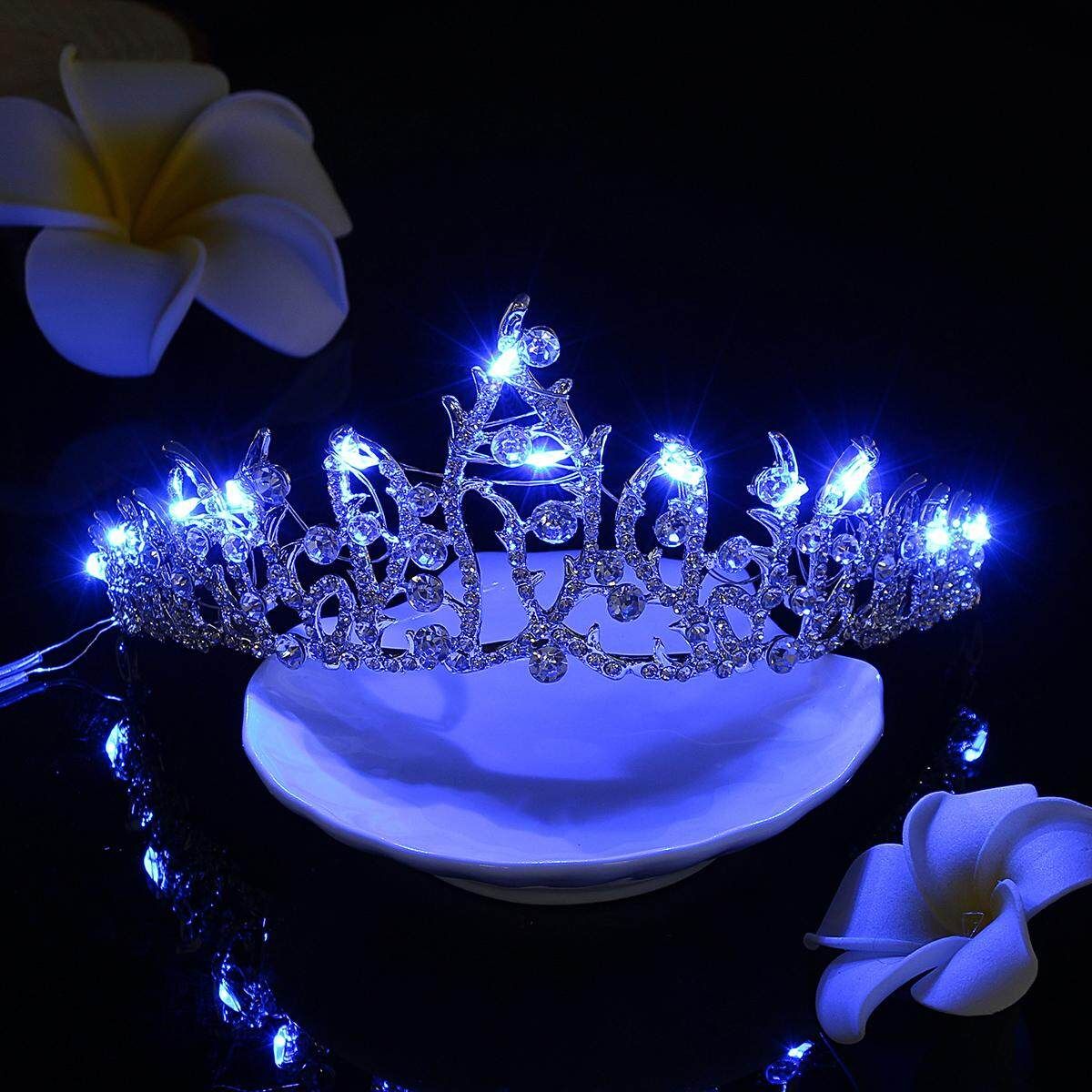 LED Baroque Rhinestone Crystal Crown Tiara Party Wedding Prom Hair Accessories Blue (blue)