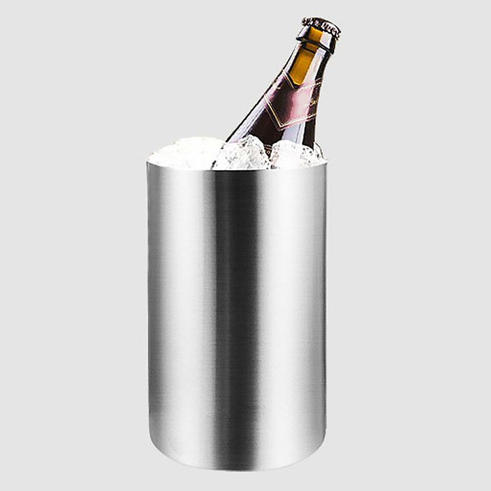 Stainless Steel Double-Walled Heat Insulated Ice Cube Bucket Round Container-Silver