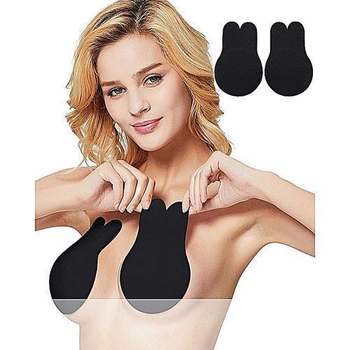 2pcs/pair Women Breathable Strapless Push Up Bra Rabbit Shape Reusable Silicone Invisible Bra Breast Lifting Nipple Cover Stick On Self Adhesive Bra-Black