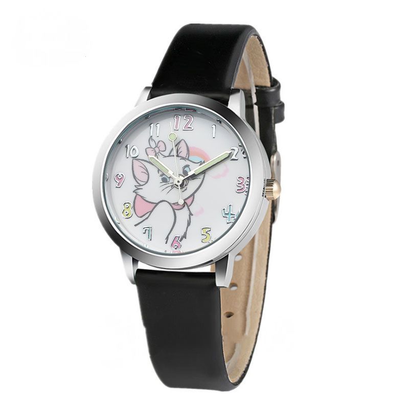 Cute Cat Cartoon Mosaic Watch Child Leather Watches Cat Pattern Watch Women Wristwatches Clock Feminino Girl Watches(black)