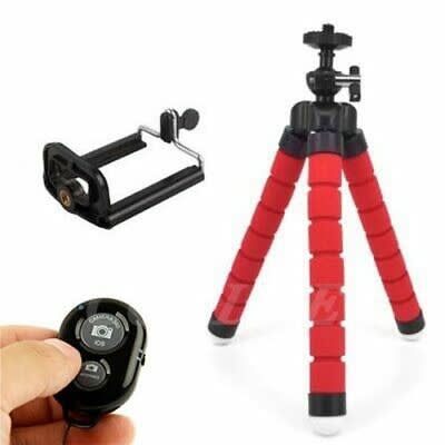 Flexible Sponge Octopus Tripod Stand + Phone Holder Clip + Bluetooth Remote Shutter - Red