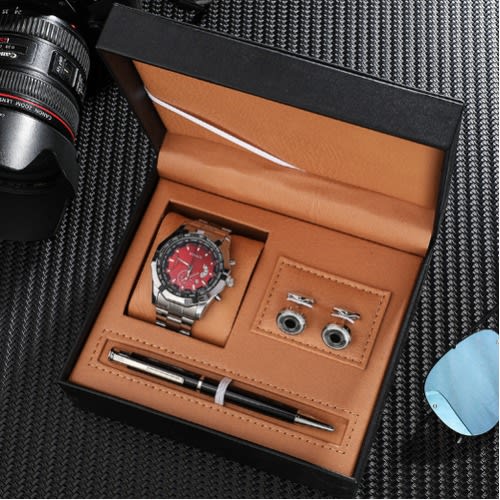 Men's Gifts Set - Red Dail Quartz Wrist Watch - Cufflinks - Signature Pen + Gift Box