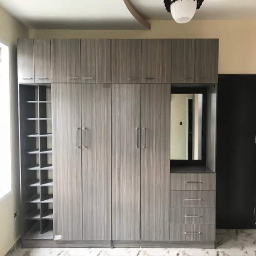 Sadia-107 Door Wardrobe With 4 Drawers, Shoe Rack & Dressing Mirror - 9ft X 8ft