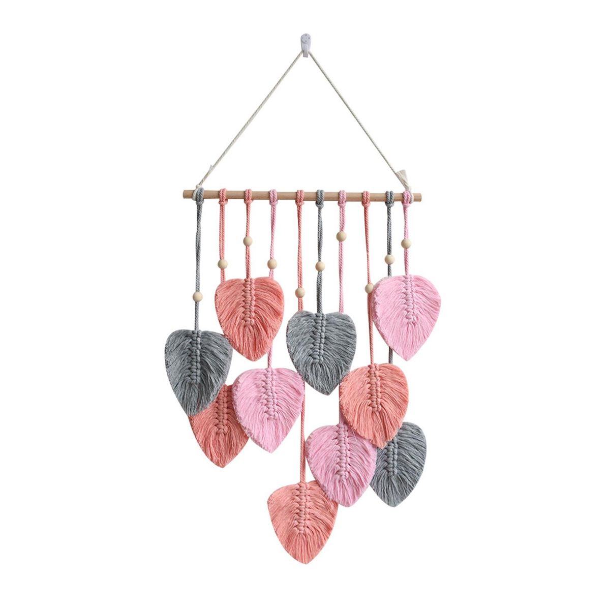 Boho Macrame Leaf Tapestry with Faux Feathers Handmade Wall Decor Pink