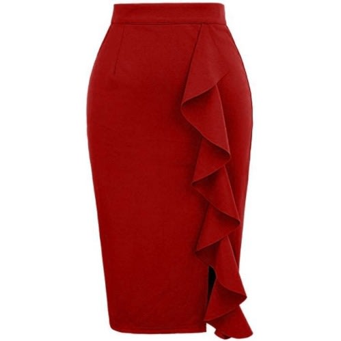 Olori Slim Pencil Ruffle Skirt - Red
