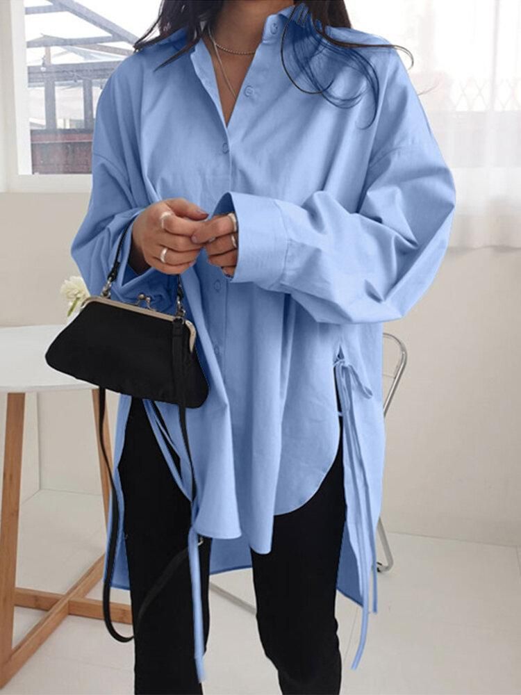 Women Lape High Low Split Tie Hem Irregular Hem Long Sleeve Shirts