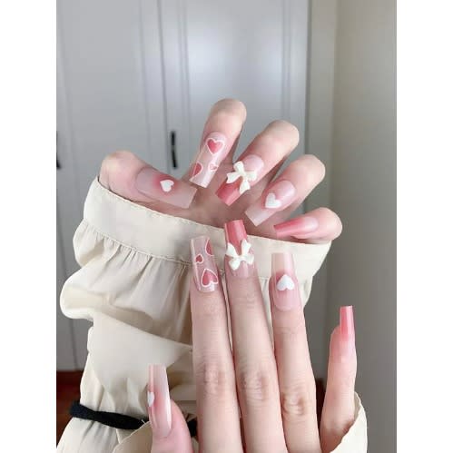 24pcs Bow Tie Long Coffin Fake Nail & 1pc Nail File & 1sheet Tape