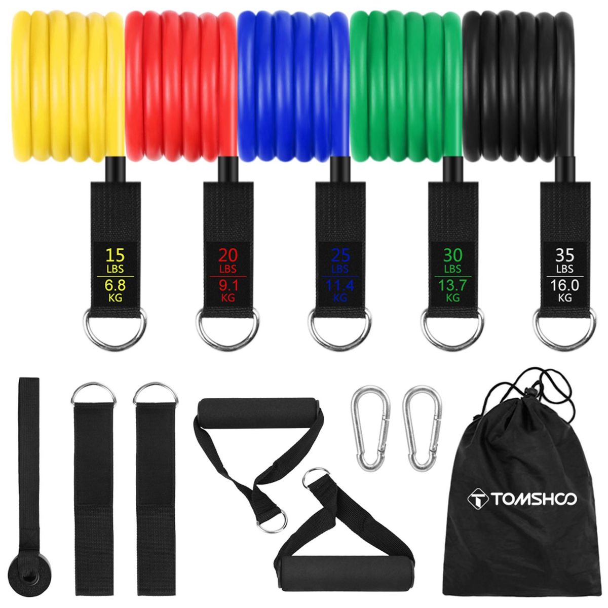 TOMSHOO 13Pcs Resistance Bands Set Elastic Workout Fitness Exercise Tube Bands Door Anchor Ankle Straps Cushioned Handles with Carry Bags for Home Gym Trave