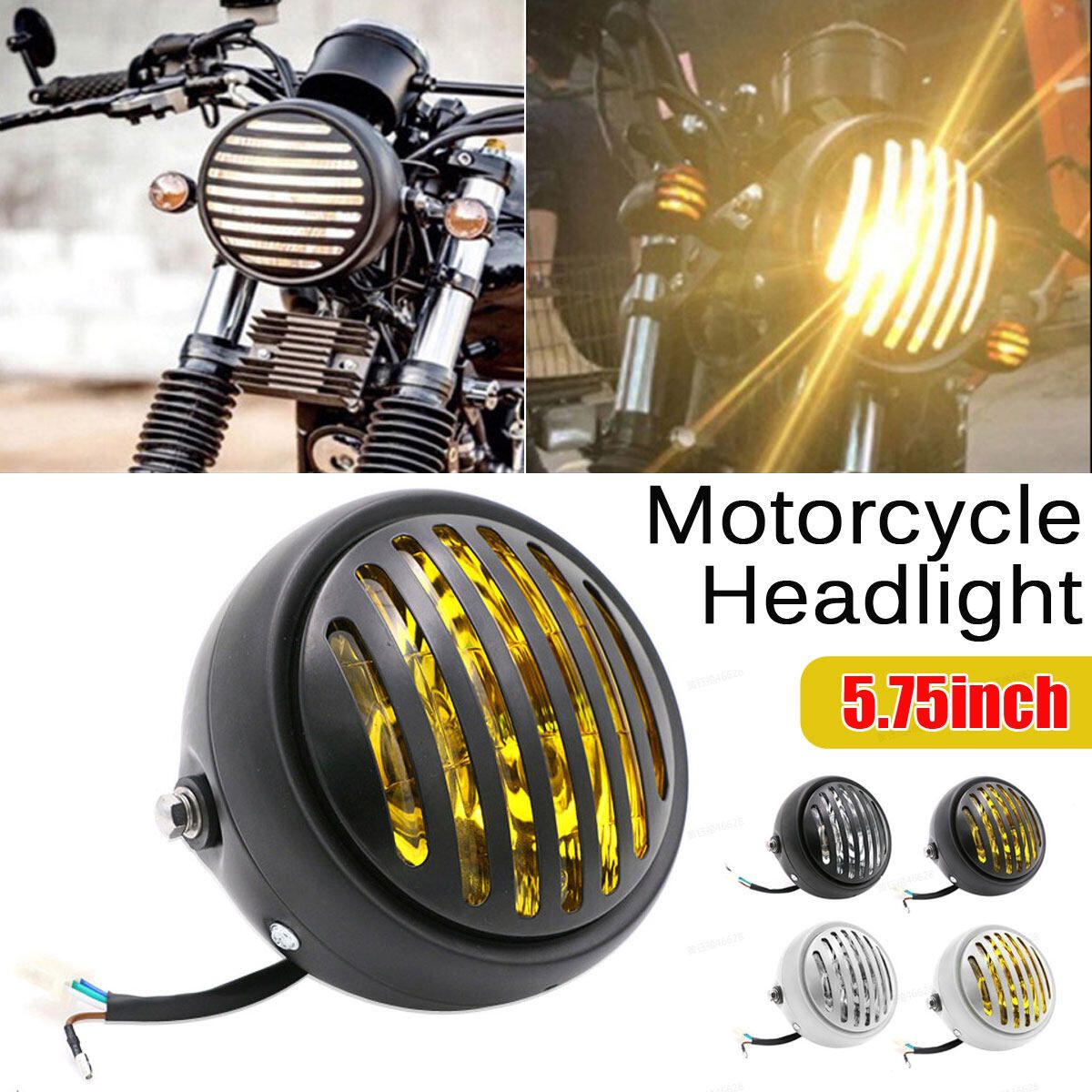 (35W) Round Universal Motorcycle Headlight Front Head Lamp Driving Light DC12V Fit For CG125 GN125 Retrofit-Yellow/White Black+Yellow Glass