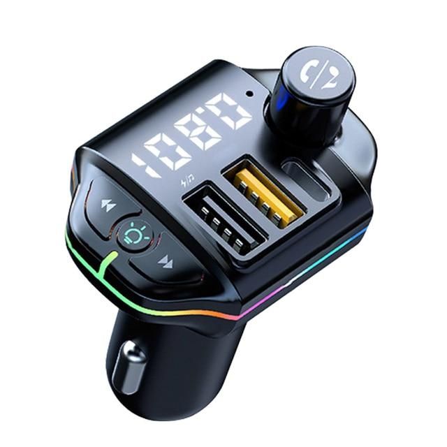 Car Bluetooth 5.0 FM Transmitter Dual USB Type-C Charger Wireless Handsfree Audio Receiver Mp3 Player Atmosphere Light Adapter