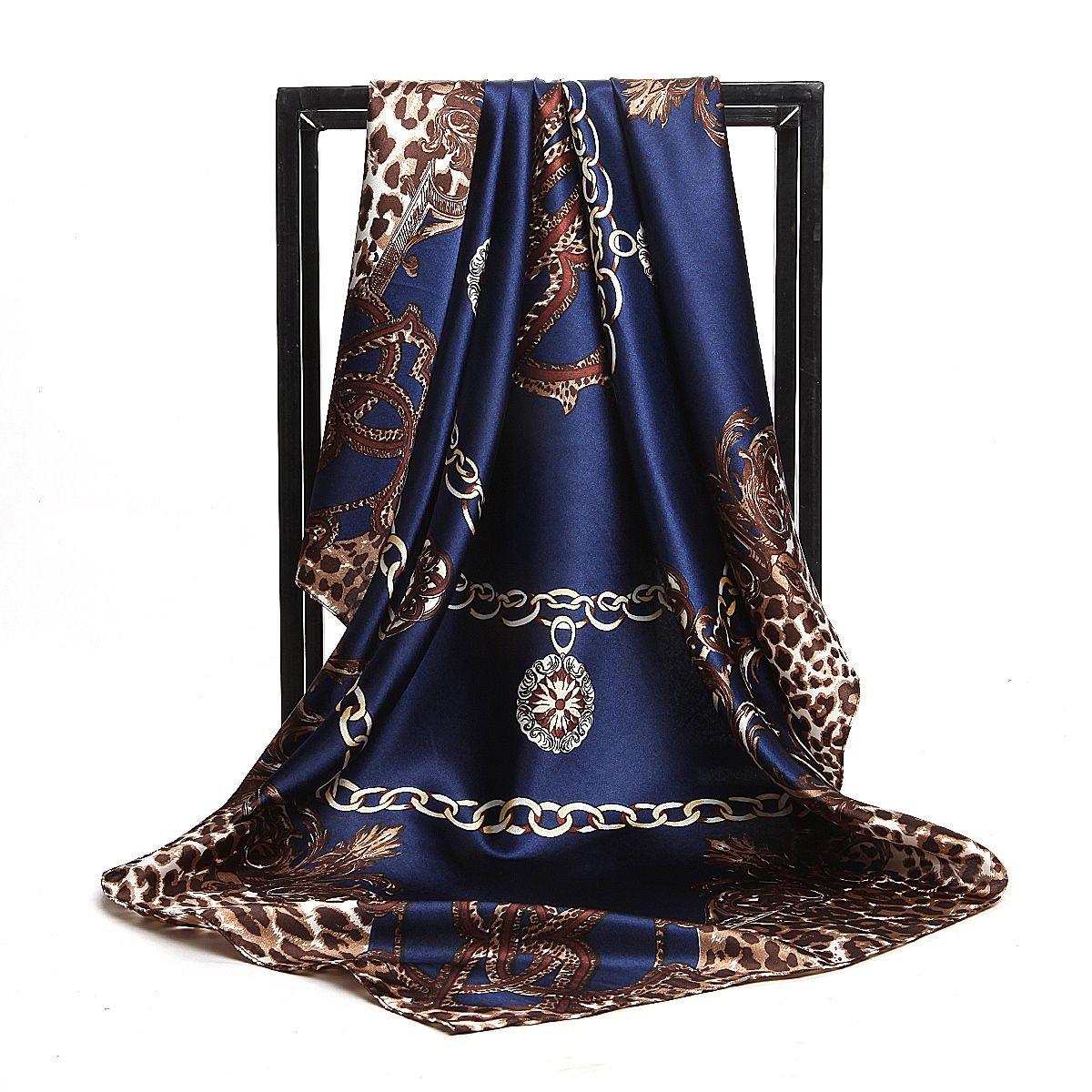 Bandana Scarf Silk Large Square Satin Shawl Twill Wear Floral Shiny Lady Women Muslim Hijab Navy Blue