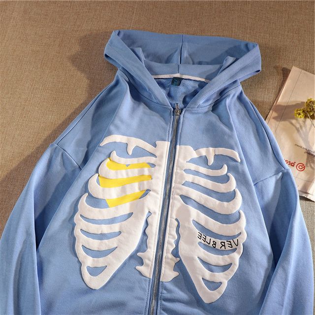 Skeleton Print Hoodies Men Women Y2k Harajuku Long Sleeve Zipper Jacket Sweater