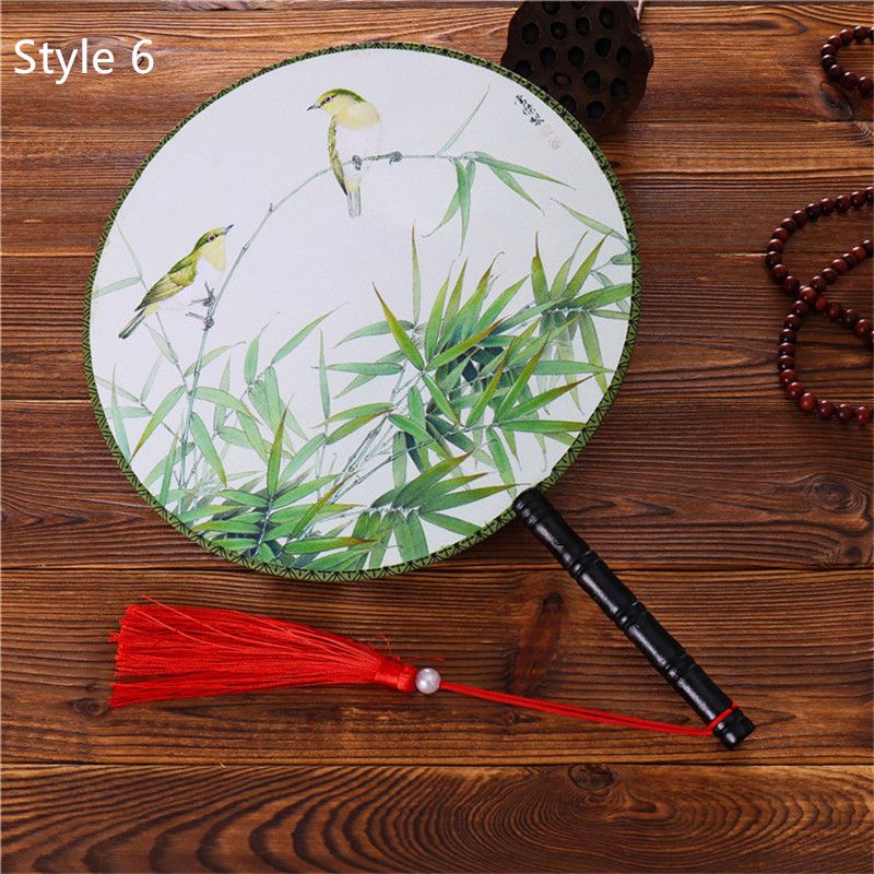 Chinese Tassel Printed Female Flower 28 Fan Classical Styles Handheld Pendant Both Round Circular Silk Side Style With Dancing