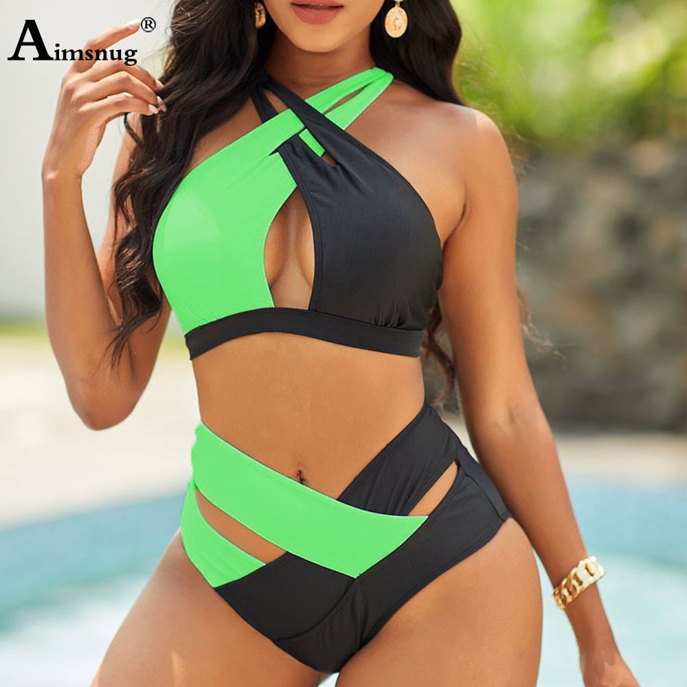 Women High Cut Bikini Sets Ladies Patchwork Swimsuit Sexy Push Up Two Pieces Swimwear Summer Hollow Out Bathing Suits Green