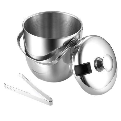Ice Bucket, Insulated Stainless Steel Double Walled Ice Bucket With Lid, Stainless Steel Ice Tongs Silver Color