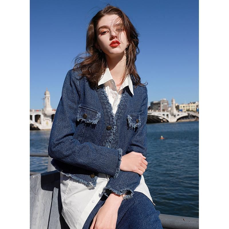 2023 Spring New Two Piece Set Small Fragrant Denim Short Coat Half Skirt for Women D381C2023600