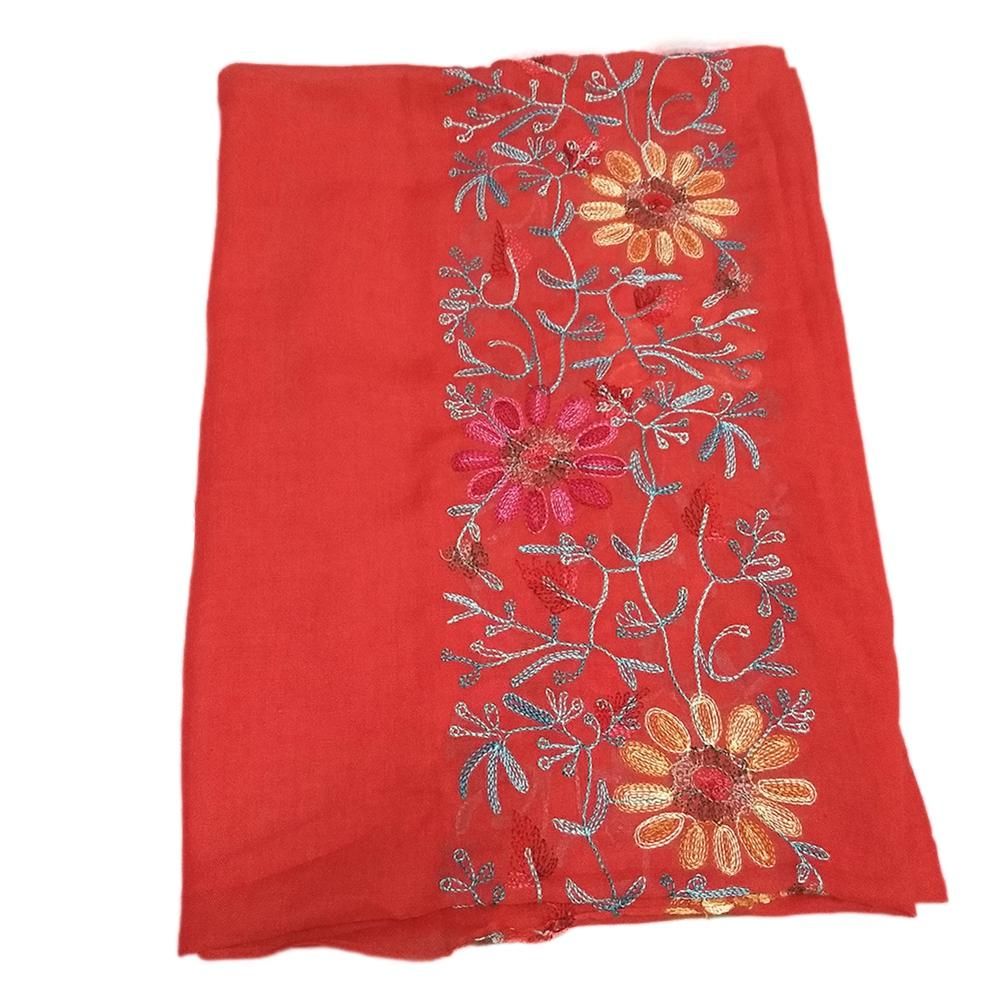 Embroidered Flower Scarf Cotton Women Long Wrap Bandana-Red