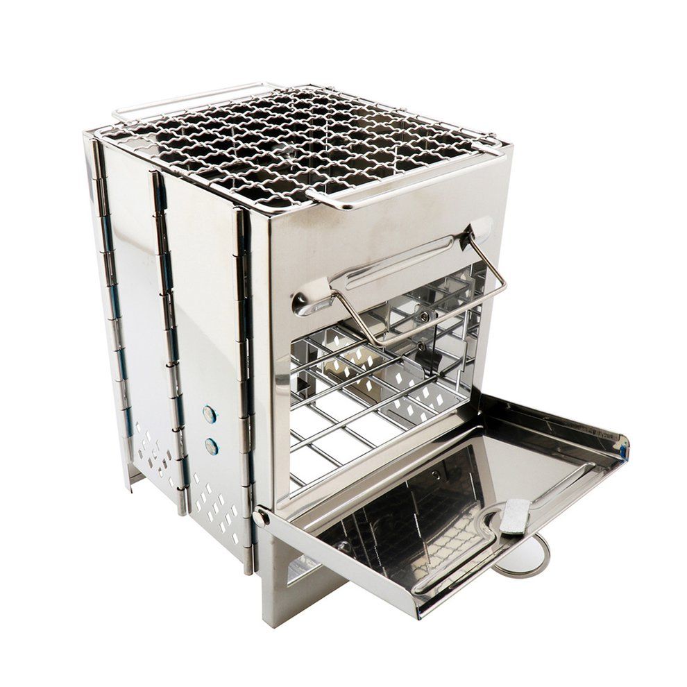 Stainless Steel Square Wood Stove Foldable Grill Outdoor Mini  Har Oal Stove-Sliver