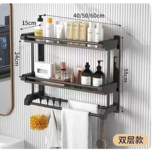 2 Tier Aluminum Bathroom Storage Rack With Towel Hanger