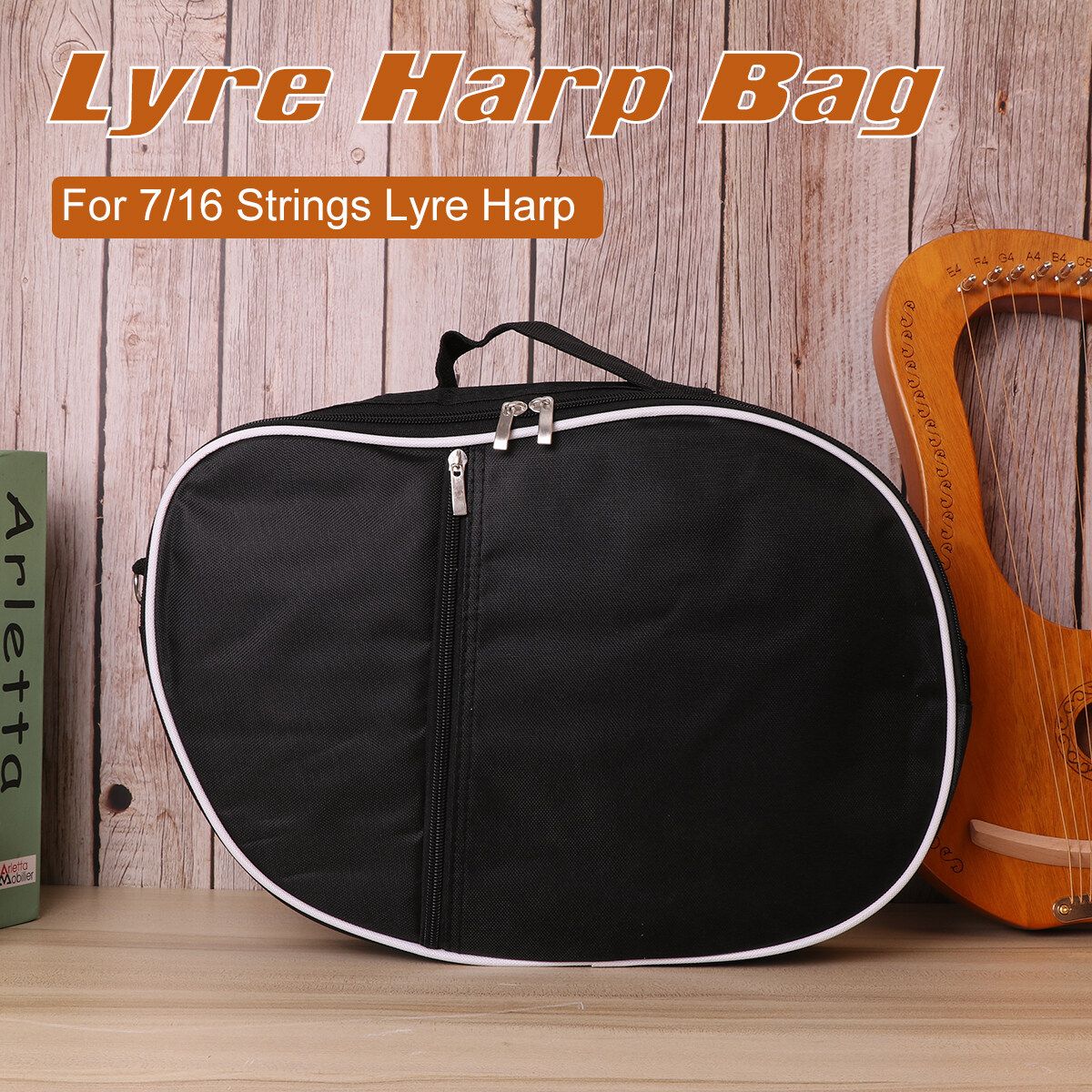 7/16 Strings Lyre Harp Storage Handbag With Strap Canvas Instrument Carry Bag Black With White Edge