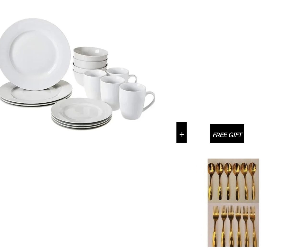 Dinner Plate Set 16 Pieces White And Free Gold Spoon & Fork