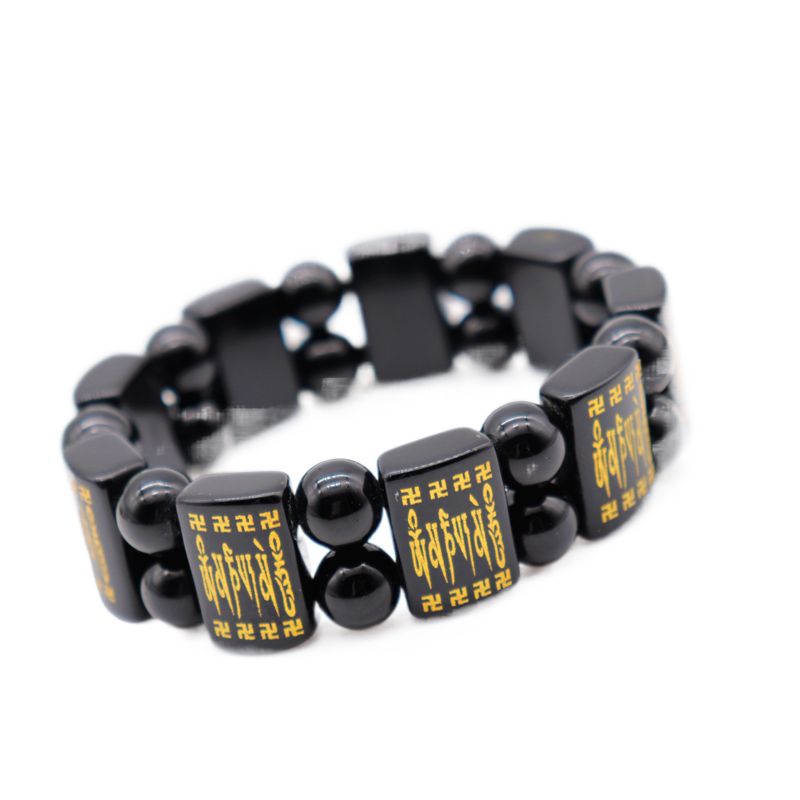 Natural Black Obsidian Feng Shui Six-Character Mantra Beaded Hand Row Amulet Bud