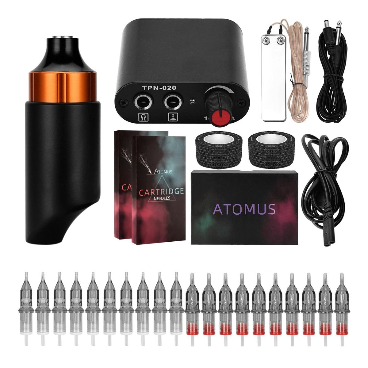 ATOMUS Tattoo Set Orange Short Rotary Tattoo Pen Cartridge Tattoo Needles Power Supply for Professional Beginners