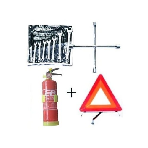 Car Safety Fire Extinguisher + Wheel Spanner + 8 Pcs Flat & Ring Spanner + C-caution Sign