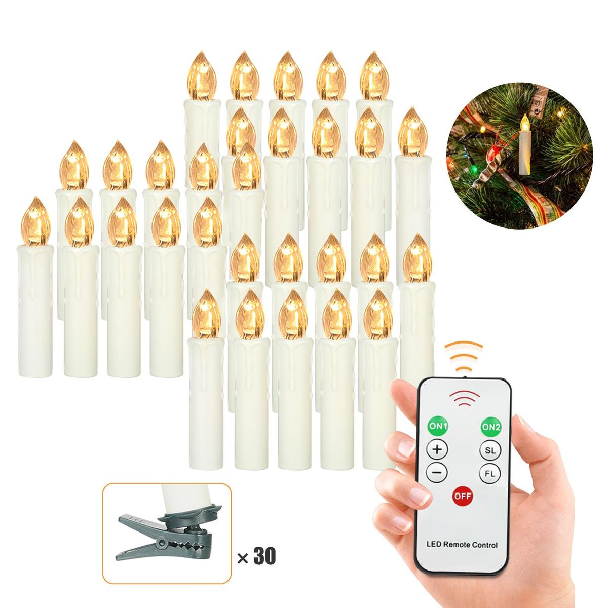 20 PCS Flameless Candles with Remote Control Realistic Warm White LED Candles Battery Powered Christmas Tree Flickering Taper Candle Lights with Clips for Wedding Party Decoration