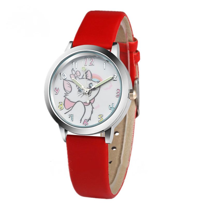 Cute Cat Cartoon Mosaic Watch Child Leather Watches Cat Pattern Watch Women Wristwatches Clock Feminino Girl Watches(Red)