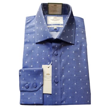 Men's Blue & White Flowered Pattern Slim Fit - Single Cuff