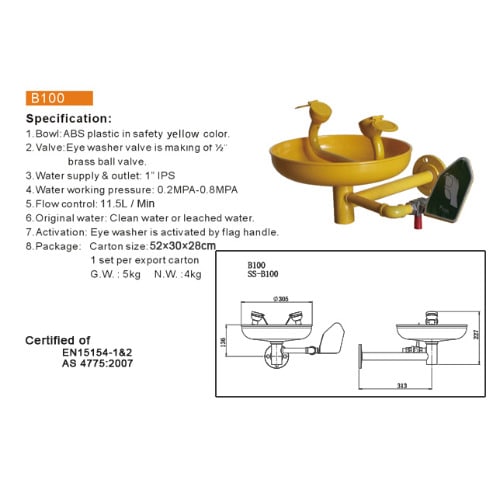 Galvanised Steel Wall Mount Eyewash Statiom, B100