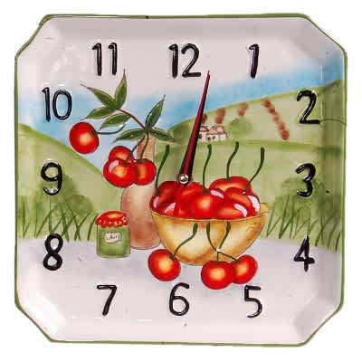 Ceramic Square Face White Cherries in a Bowl Clock