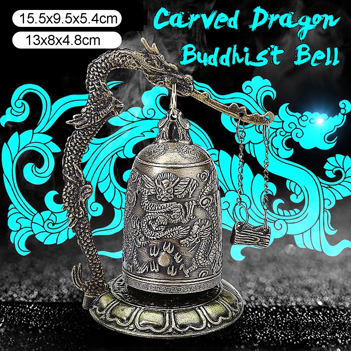 Vintage Bronze Alloy Slot Dragon Carved Buddhist Bell Chinese Geomantic Trumpet Chain Bell