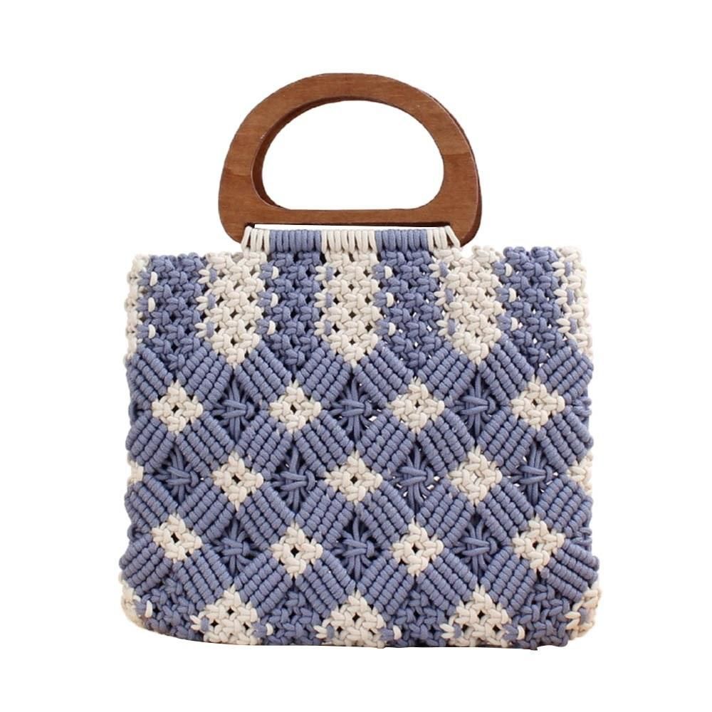 Women Handbag Woven Hollow Plaid Wooden Handle Summer Beach Boho Bag Clutch Purse Tote