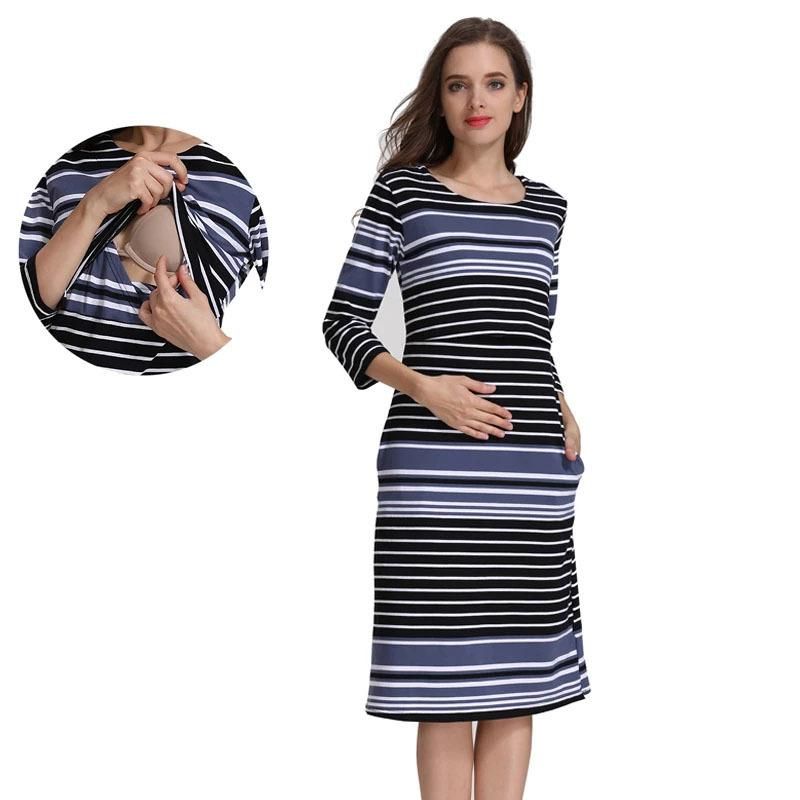 2022 Spring and Autumn Fashion Slim Fit Medium Sleeve Pregnant Women's Wear Pure Cotton Stripes