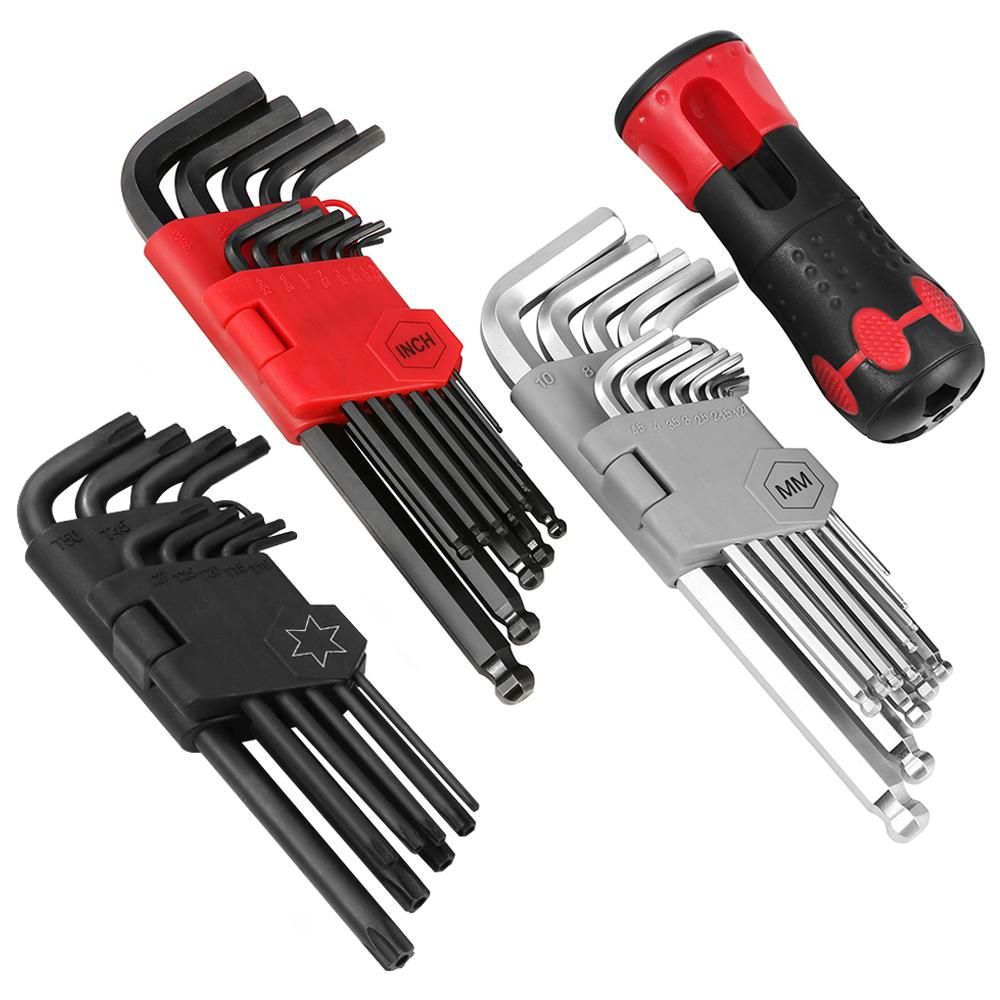 Meterk 36PCS Allen Wrench Set Long Arm Ball End Hex Key Socket Head Screw Wrench Multi-size Internal Hexagonal Spanner Inch/Metric/Star for Bicycle Appliance Repair Tool