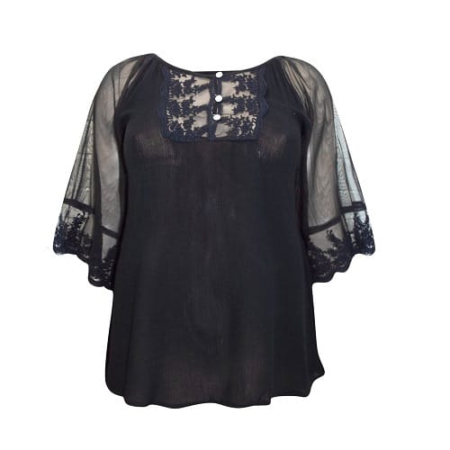 Embroidered Sheer Sleeve Top - Black