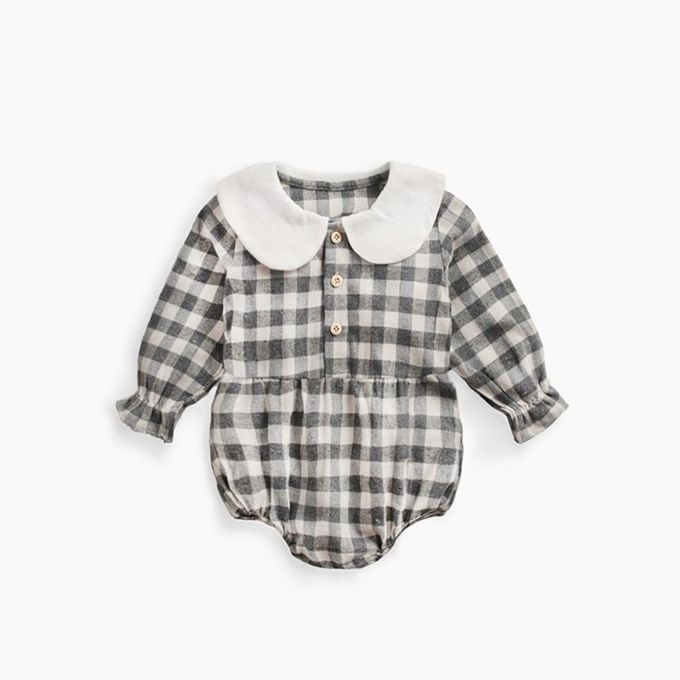 Autumn And Winter Baby Long Sleeves Triangle Onesies Plaid Baby Jumpsuit-Gray And White-6-12月