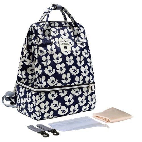 Baby Diaper Bag With Insulated Cooler Bag For Breast Milk And Lunch - Flowery Navy Blue - 26x19x36CM