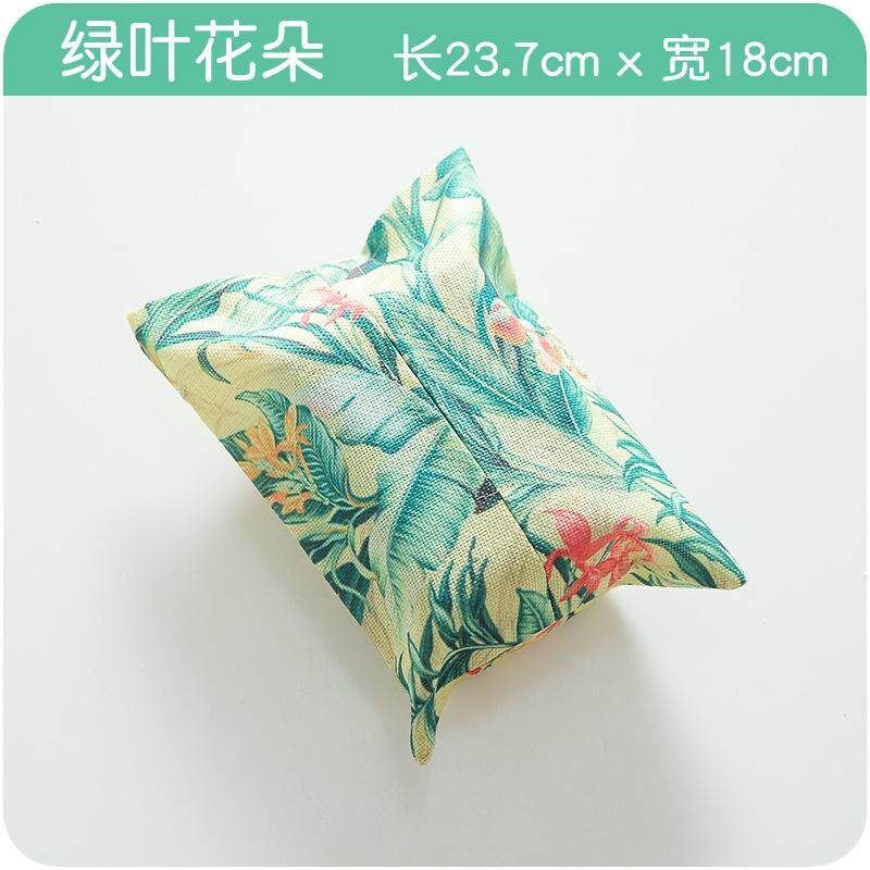 Family Nordic Plant Tampon Hemp Tissue Box Living Room Bedroom Tissue Cover Rainforest Cloth Art Suction Bag Green Leaf Flowers {23.7 * 18cm}