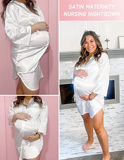 Women's Nursing Maternity Gown Satin Pocket  Shirt Button Down 3/4Sleeve Short Dress - Off White
