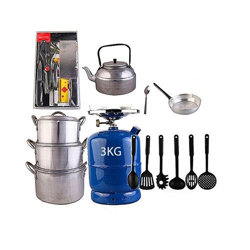 Economy Kitchen Bundle (3kg Gas Cylinder + Set Of 3 Pots + 1 Kettle + 1 Frying Pan + 1 Set Of Non-stick Frying Spoons + 1 Small Knife + 1 Set Of Table Spoons)