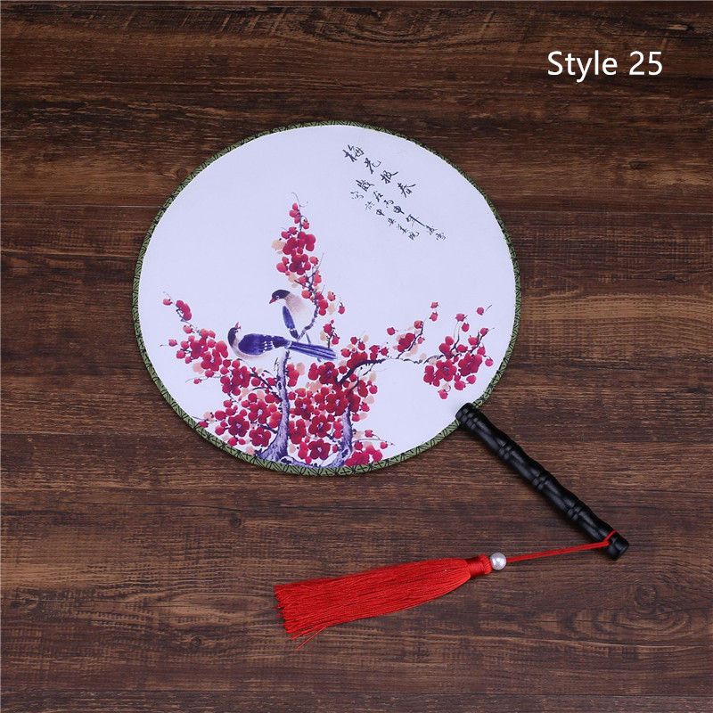 Classical Handheld Circular Printed Side Silk Chinese Round Styles Both With 28 Female Pendant Dancing Fan Tassel Style Flower